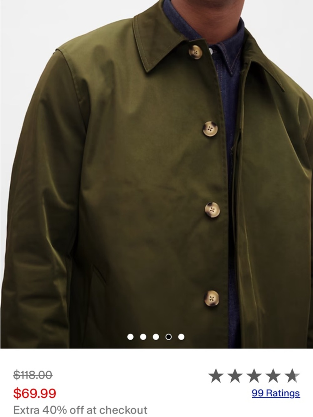 GAP Men's Olive Green Single-Breasted Raincoat - Picture 3 of 5